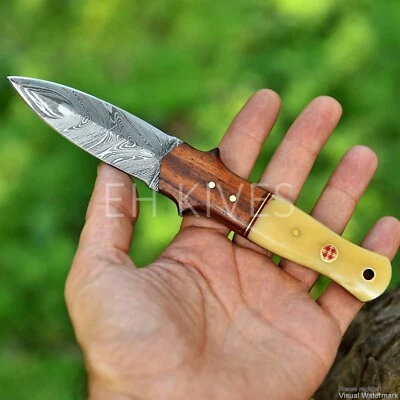 CUCHILLO EXQUISITO HECHO A MANO DAMASCO CAZA/SKINNER MANGO HUESO CON FUNDA 4686 Foto 1 de 4