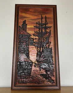 Vintage Large Drip Art Framed Ship Painting Nautical Van Gaard Studios Style 70s - Picture 1 of 13
