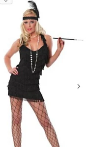 Flapper Black Fringe Sexy 20s Costume Adult M / L Ladies Halloween Dress - Picture 1 of 5