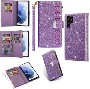 Girl/Lady Leather Glitter Card Wallet Case Magnetic Detachable Crossbody Strap - Picture 1 of 10
