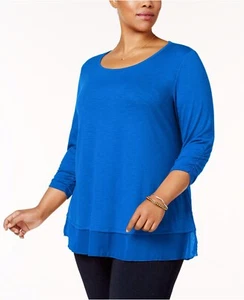 Style & Co Women's Top Blouse Chiffon-Hem Ladies Top Solid Blue Size Large - Picture 1 of 7
