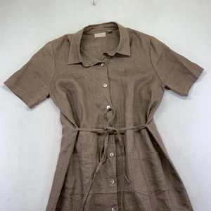 Nordstrom Linen Collared Short Sleeve Button Front Dress w/ Waist Tie Size 10 - Picture 1 of 10