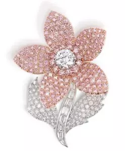 Beautiful 26.55TCW Light Pink Sapphire With Sparkling White CZ Flower Brooch Pin - Picture 1 of 2