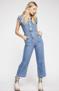 Free People Unchained Melody Denim Jumpsuit Cap Sleeves Flared Crop Leg 0 NEW 