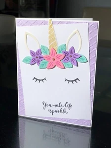 Pinkfresh Studio "Life Sparkle" Magical Unicorn Gold Glitter Handmade Card - Picture 1 of 3