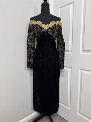 复古 80 年代 Scott McClintock 天鹅绒连衣裙 8 黑色金色天鹅绒露肩新年 — 第 1/4 张图片