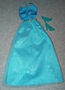 Vtg Barbie Long Sparkle Blue Skirt, Spaghetti String Top, And Blue Heels - Picture 1 of 3