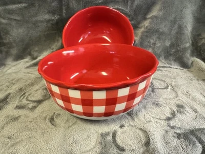 Juego 2 cuencos de gres The Pioneer Woman rojo y blanco de guinga de 6,5" usados en excelente estado granja Foto 1 de 4