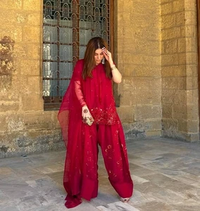 Paquistaní Farsi Salwar Kameez Listo para Hacer 3 Piezas Trajes Bollywood Boda Fiesta L - Imagen 1 de 9