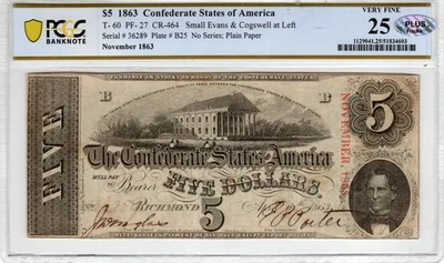 T-60 PF-27 1863 $5 Confederate Paper Money - PMG Very Fine 25 - PLUS! - Image 1 of 2