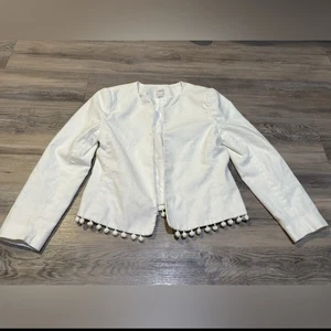 J. Crew white linen cotton blend cropped Pom Pom open front jacket size small - Picture 1 of 7