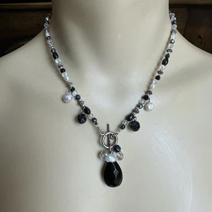 VTG Front Toggle Beaded Necklace 16" Teardrop Crystal Glass Hematite Faux Pearls - Picture 1 of 11