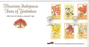ZIMBABWE, 1996 ÁRBOLES CON FLORES INDÍGENAS, SG 918-923, EN ILUSTRADO FDC - Imagen 1 de 1