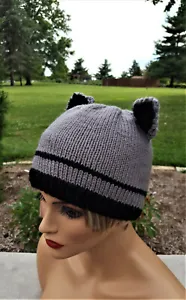 Grey and Black Knitted Cat Hat Handknitted - Picture 1 of 5