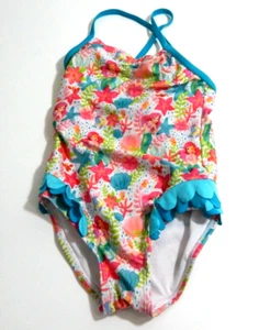 Disney Store Girls 4 Swimsuit the Little Mermaid Ariel Floral Ruffle Scallop EUC - Picture 1 of 3