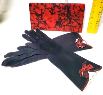 Monedero clutch de diseñador negro y rojo y guantes de ópera de cuero para niños de Denise Francelle Foto 1 de 4