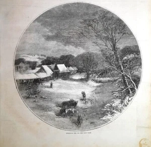 Stampa antica rotonda PAESAGGIO INVERNALE RACCOLTA GHIACCIO 1859 Antique print - Imagen 1 de 1