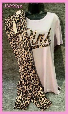 Victoria's Secret 粉色豹纹校园 T 恤 + 踝打底裤套装 M 12 全新带标签 — 第 1/4 张图片