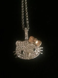 Hello Kitty Pendant Necklace Silver Chain Rhinestone Gold Bow None Tarnishing - Picture 1 of 6