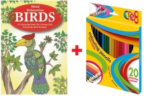 A4 Size Adult Colouring Book Birds with 20 free pencil crayons Anti Stress - Picture 1 of 8