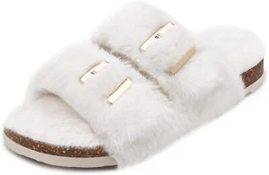 Women's Fuzzy Slippers Comfy Cork Footbed Fluffy Slides Open Toe Indoor Outdoor - Picture 1 of 31