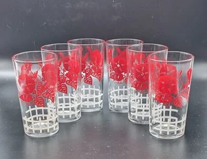 Six (6) Vtg Glasses Glassware Red Morning Glory Floral Flowers White Fence 8 oz - Picture 1 of 10
