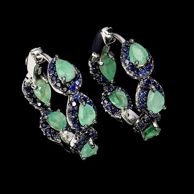 925 Sterling Silver Earrings Pear Emerald Sapphire Diamond Cut Gemstone Jewelry - Image 1 of 4