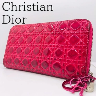 Бумажник Dior Cannage стеганый на молнии вокруг 2016 лакированная кожа розовый б/у подлинный #S2961 - Изображение 1 из 4