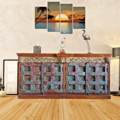 Vintage Hand-Carved Blue Sideboard Farmhouse Buffet Credenza & TV Console 89 - Image 1 of 4