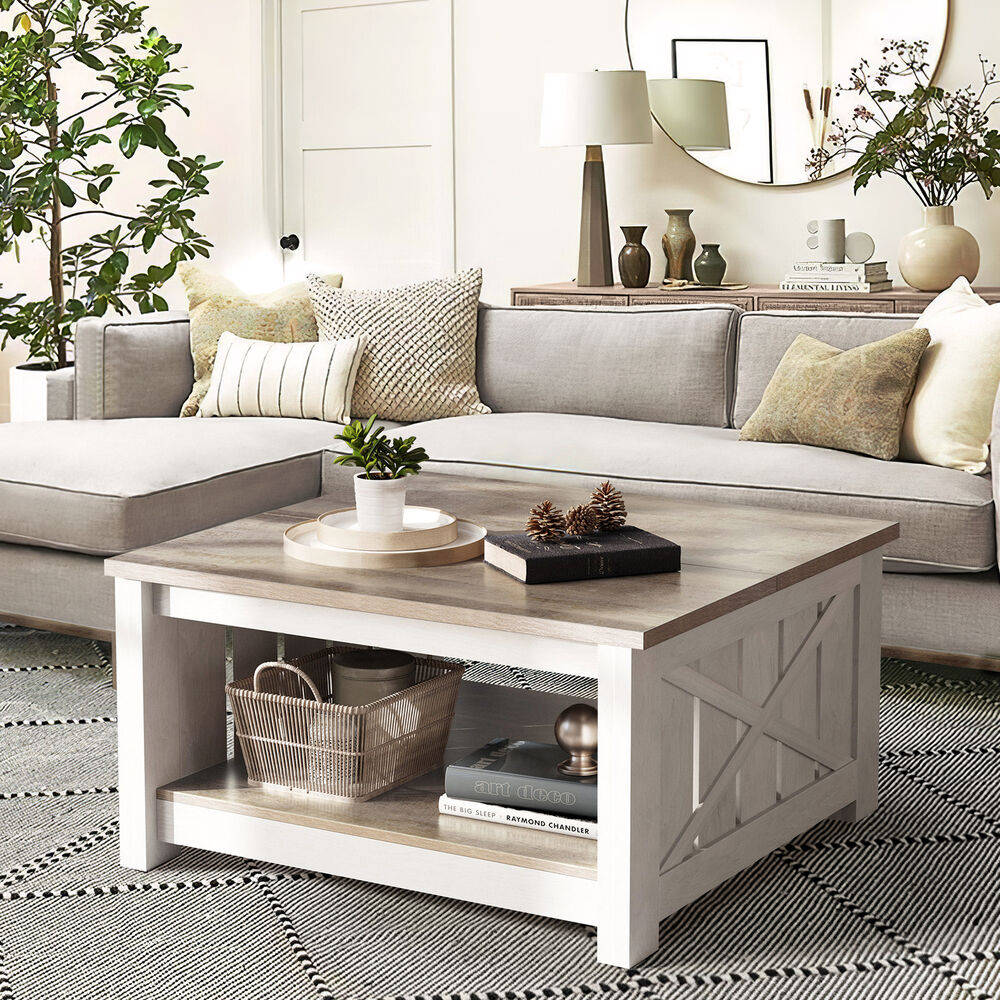 Square Coffee Table With Bottom Storage Shelf Wood Modern Rustic Cocktail Table