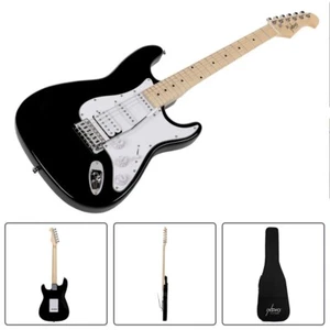 6-String Electric Guitar Single Coil Pickup Gig Bag Black Body White Pickguard - Picture 1 of 6