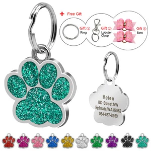Paw Glitter Personalised Dog Tags Pet Cat Name ID Collar Tag Engraved 10 Colours - Picture 1 of 21