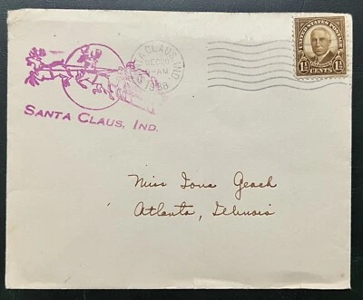 1938 SANTA CLAUS, CUBIERTA INDIANA CON SELLO PÚRPURA DE SANTA Y RENO Foto 1 de 3