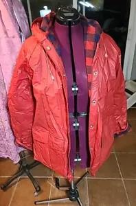 Vintage The Woolrich Woman Rain Jacket Large Red Flannel Lined Hooded Y2k Taiwan - Picture 1 of 12