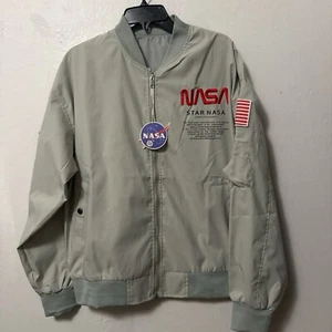 NASA Tech Apollo Herren Bomberjacke Zip Patches Grau Größe Medium Neu mit Etikett - Bild 1 von 9