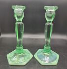 HTF VTG Fenton Green Opalescent Handpainted Pine Tree Snow Candle Holders Signed