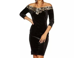 £40 NEW QUIZ Black Velvet Bardot Gold Embroidered Midi Dress