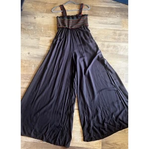 Natural Life Brown Smocked Jumpsuit Size Medium Sleeveless Tank Boho Wide Leg - Picture 1 of 10