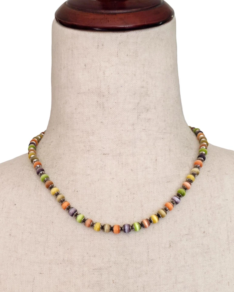 Collar Vintage Plata Esterlina Ojo de Gato Cuentas Multicolor Retro Boho Único Foto 1 de 4
