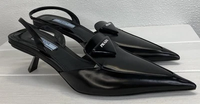Женские туфли-лодочки с логотипом Prada размер 7 черные кожаные с заостренным носком *бывшие в употреблении* - Изображение 1 из 4