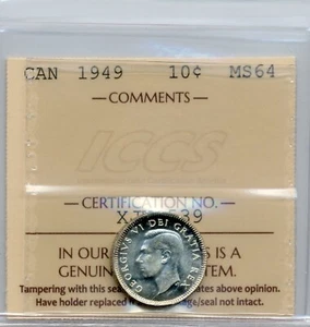 1949 Canada 10 Cents - Choice Uncirculated, ICCS MS 64 - Picture 1 of 3