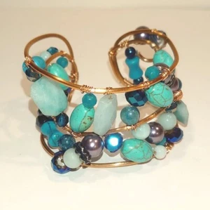 New Handcrafted Artisan Bracelet Turquoise Glass Stone Beads & Copper Metal 7"  - Picture 1 of 6