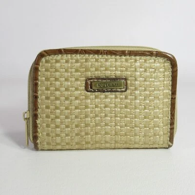 Rosetti MIni Straw Wallet Natural Brown Faux Leather Trim Credit CardsZip Around - Image 1 of 4
