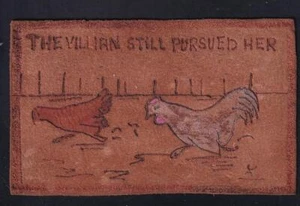 "The Vil*an Still Pursued Her", unused 1900s vintage leather postcard - Picture 1 of 1
