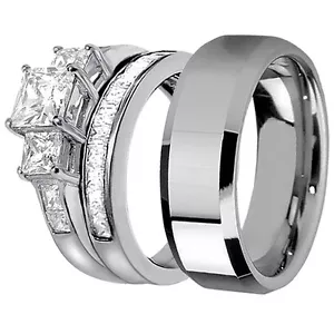 Hers Bridal Sterling Silver His Stainless Steel Engagement Wedding Ring Band Set - Picture 1 of 10