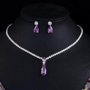 Purple CZ Drop Tennis Pendent Necklace Earrings Fiancee Engagement Jewelry Set