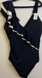 NEW Sofia Vergara Plus Size 1x 16W 18W Ruffle Black White Swimsuit Bathing Suit - Picture 1 of 4