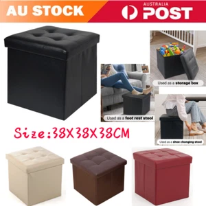 Folding Ottoman Storage Cube Footstool Blanket Box Pouf Faux Leather Linen NEW - Picture 1 of 19
