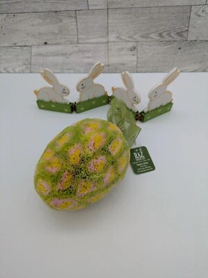 Decoración de huevos de papel RAZ con cinta nueva con etiquetas, decoración de conejitos plegables de madera Foto 1 de 4