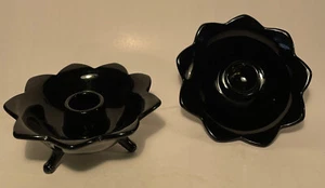 Vtg Pair of Fenton Glass Black Lotus 3 Toed Footed Candle Holders / Candlesticks - Picture 1 of 5